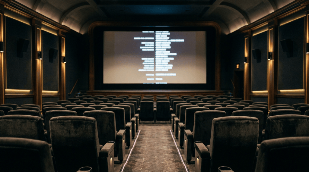 Sala de cinema vazia com créditos finais